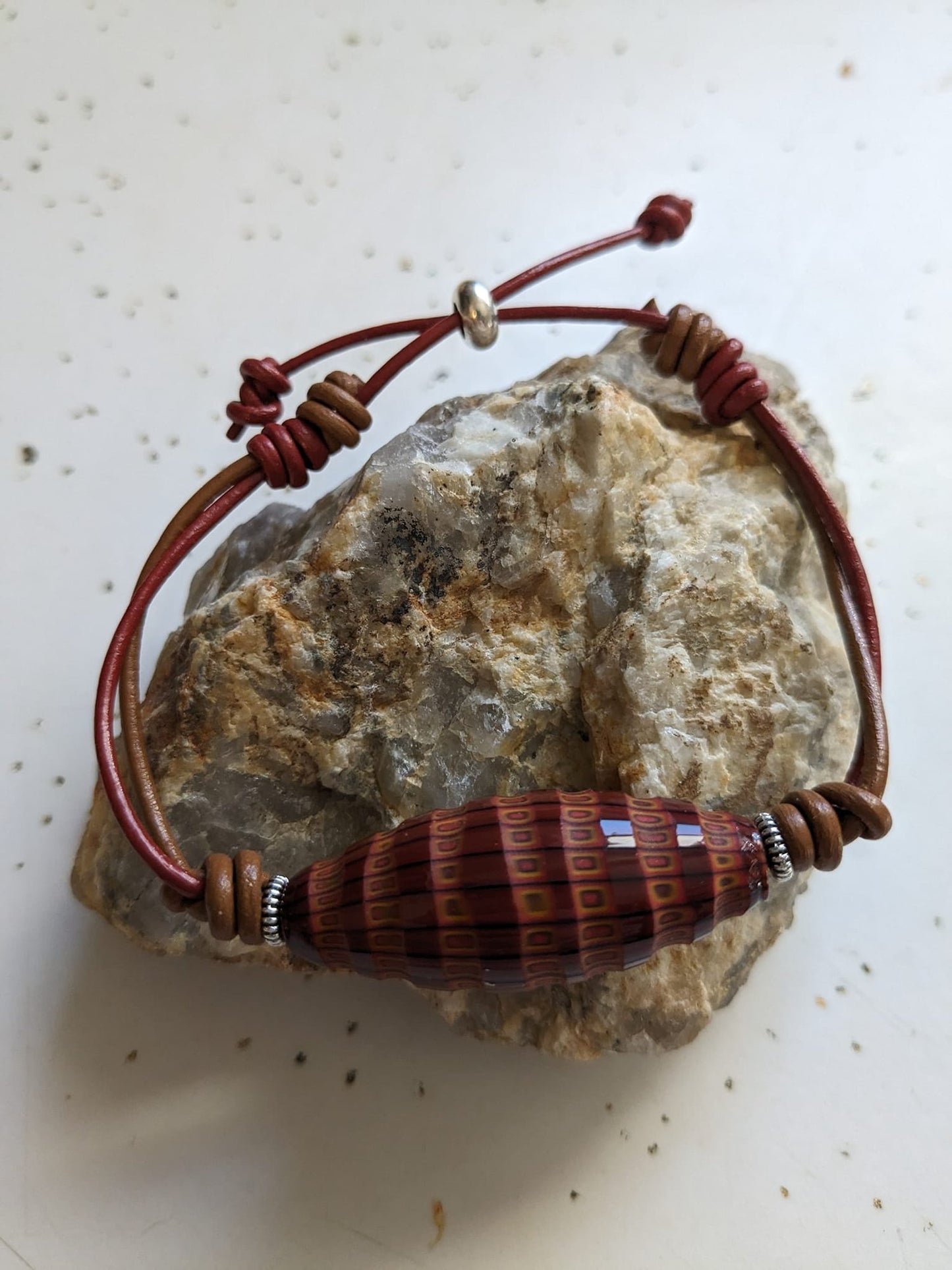 Brown and Brick Red Leather Bracelet with Vintage Venetian Glass Bead