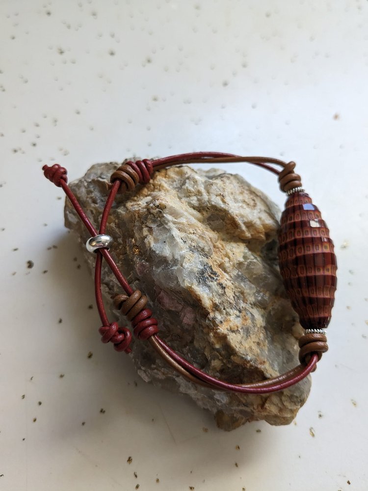 Brown and Brick Red Leather Bracelet with Vintage Venetian Glass Bead