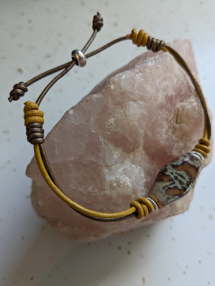 Bronze and Mustard Leather Bracelet with Handmade Ceramic Bead