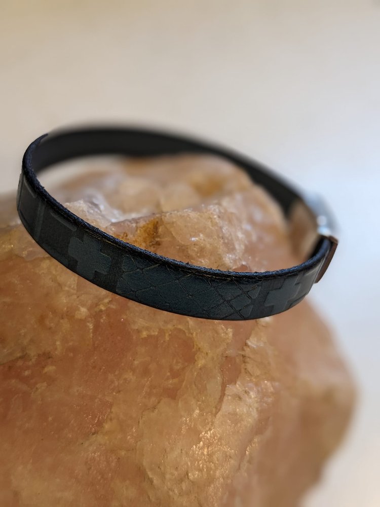 Blue Embossed Leather Bracelet with Antiqued Silver Clasp