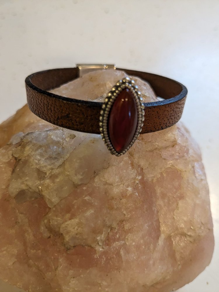 Leather Bracelet with Arrow Clasp and Carnelian Slider