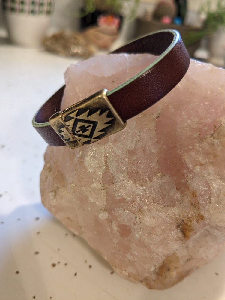 Leather Bracelet with Green Edging & Antique Gold Clasp