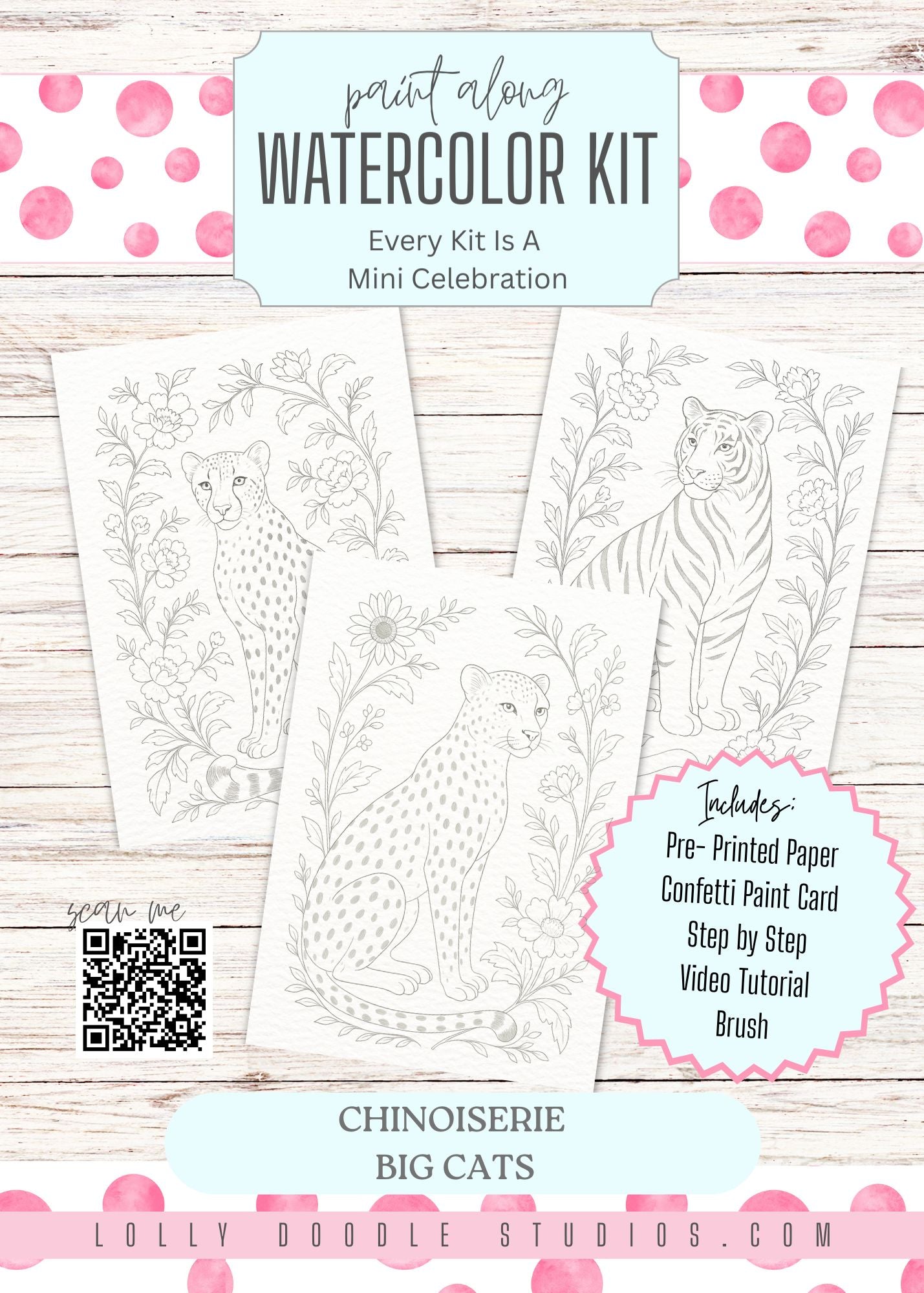 Big Cats Chinoiserie Watercolor Paint-Along Kit and Video Tutorial