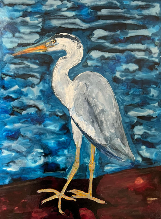 Blue Heron Watching Over Water Original Alcohol Ink Animal Painting