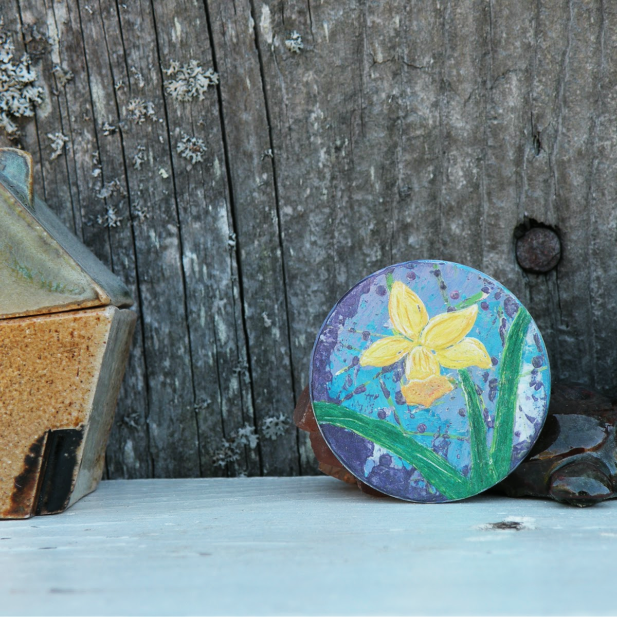 "Spring Daffodil" Original Mini Art on Upcycled Poker Chip