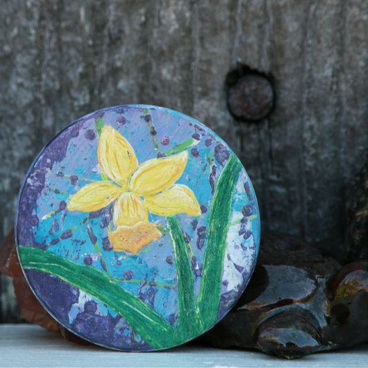 "Spring Daffodil" Original Mini Art on Upcycled Poker Chip