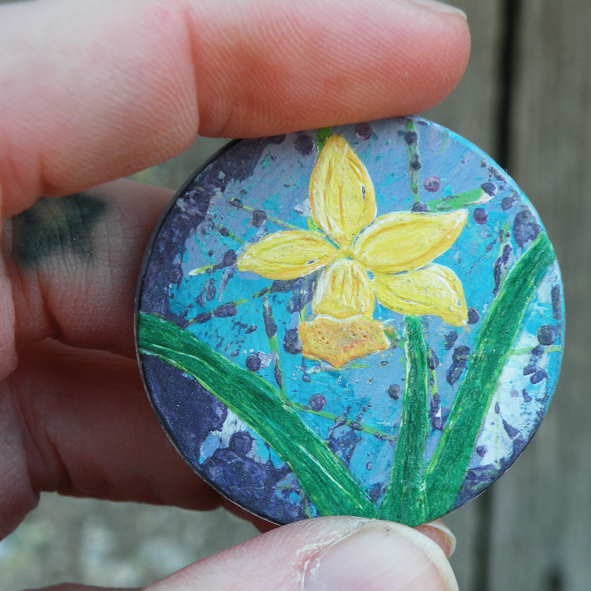 "Spring Daffodil" Original Mini Art on Upcycled Poker Chip