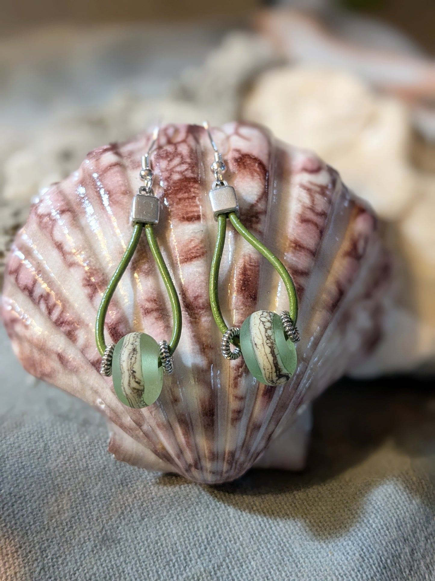 Green Beach Glass Lamp Work Bead Earrings