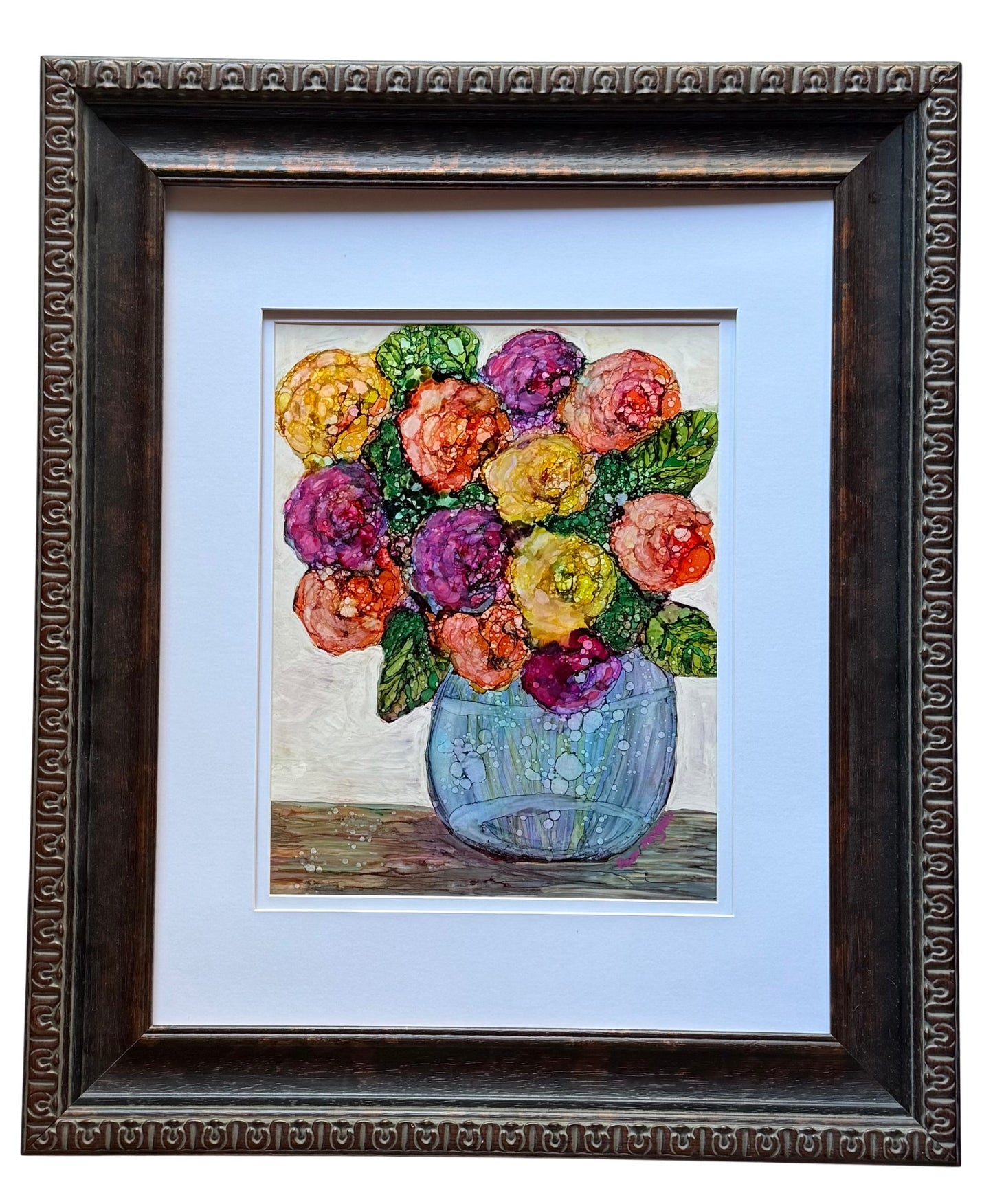 Bouquet In Bubble Vase Original Alcohol Ink Painting