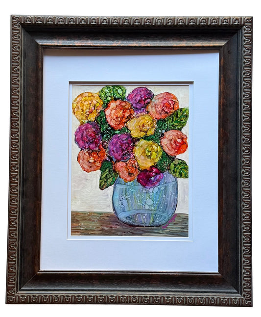 Bouquet In Bubble Vase Original Alcohol Ink Painting