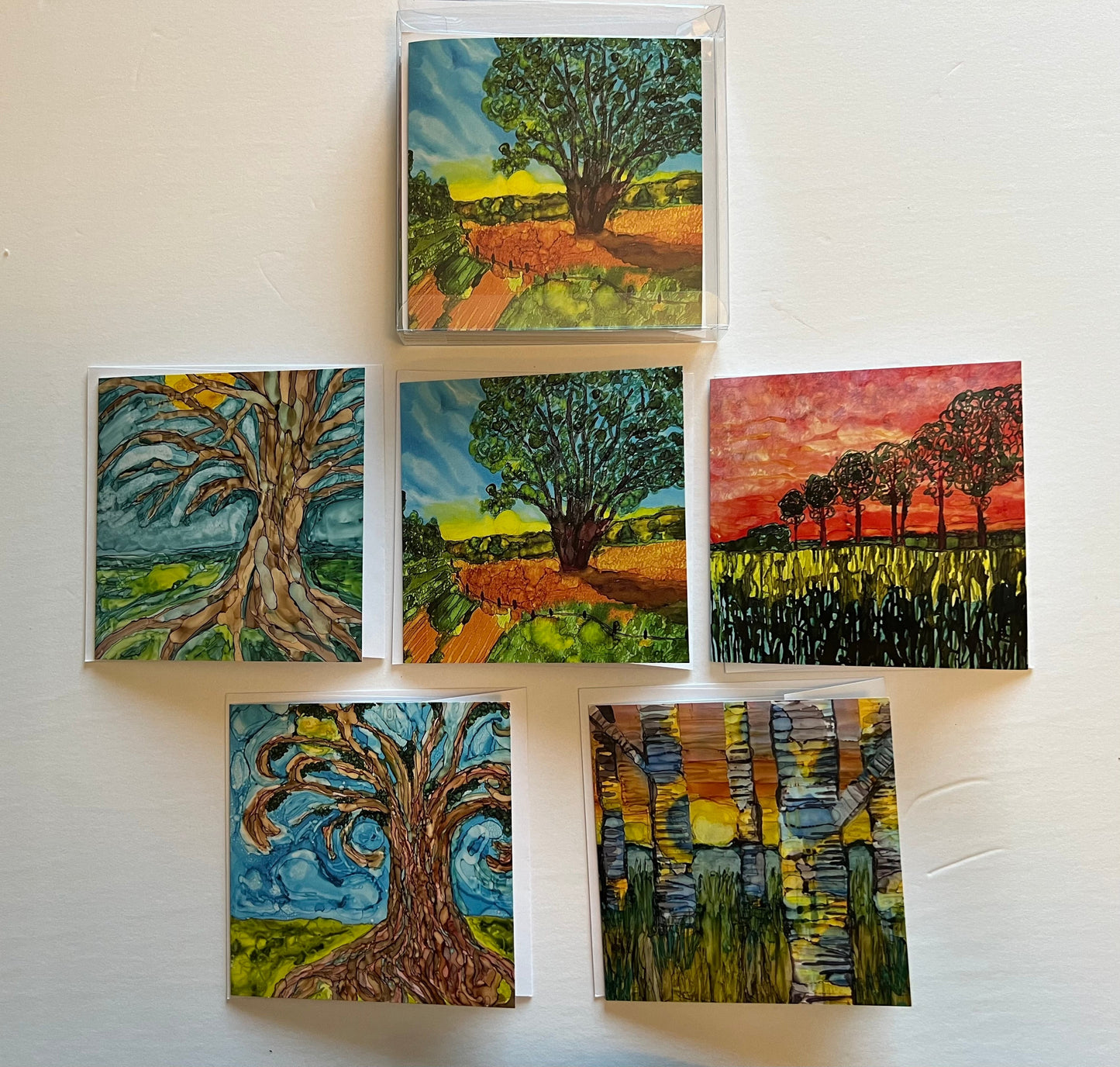 Boxed Set Of 5 Printed Cards From My Alcohol Ink Paintings of Trees