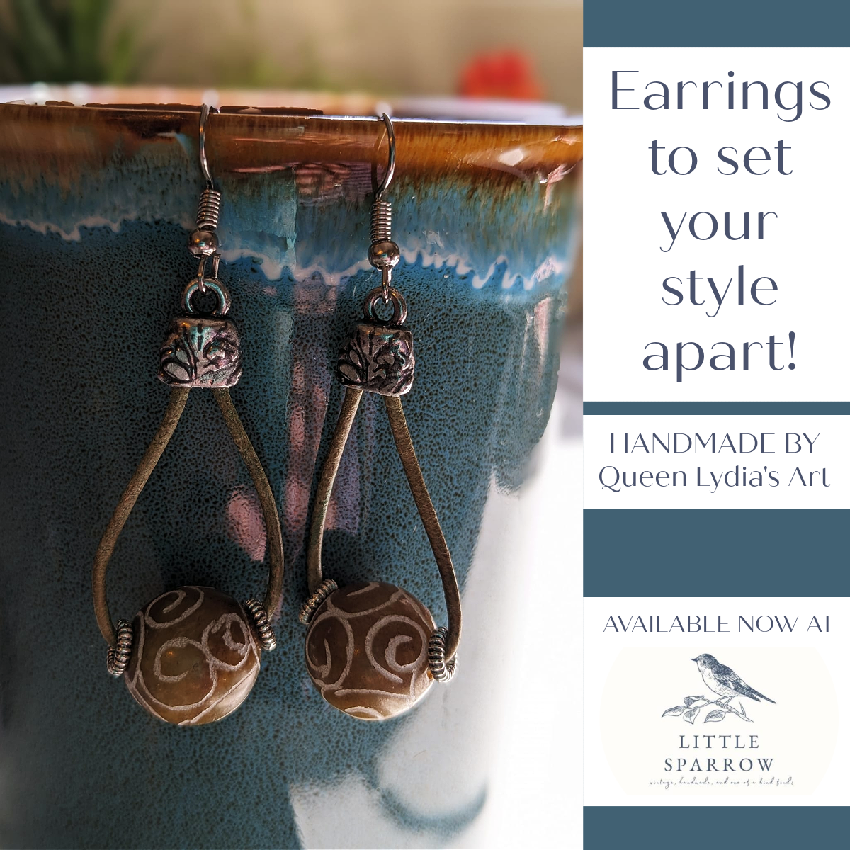 Earrings with Hand Carved Stone Beads and Light Olive Leather