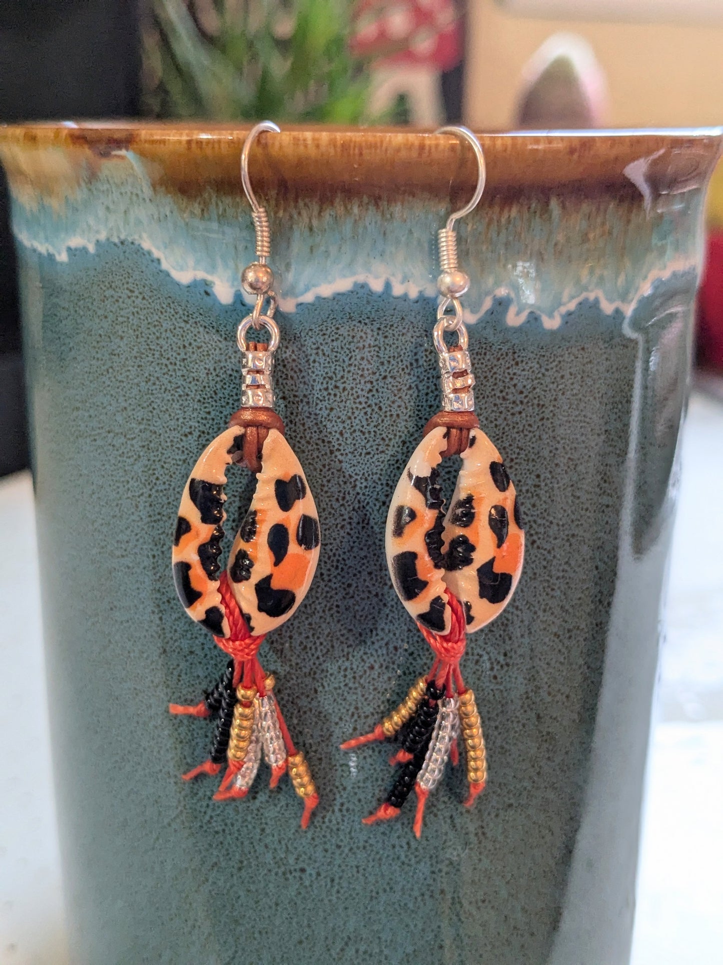 Orange Animal Print Cowrie Shell Earrings