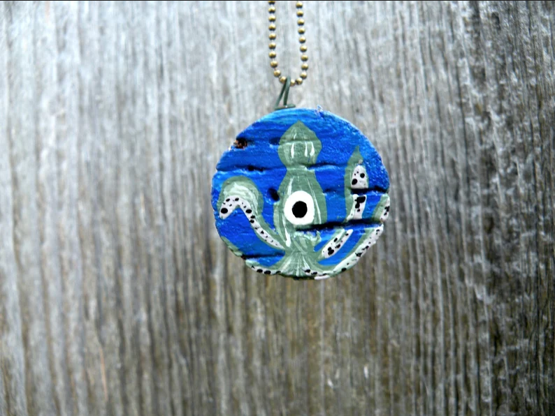 Hand Painted Squid on Upcycled Cork Pendant