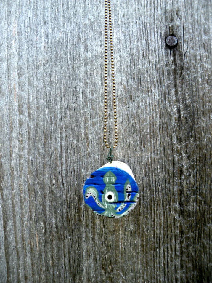 Hand Painted Squid on Upcycled Cork Pendant