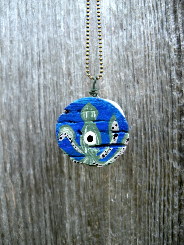 Hand Painted Squid on Upcycled Cork Pendant