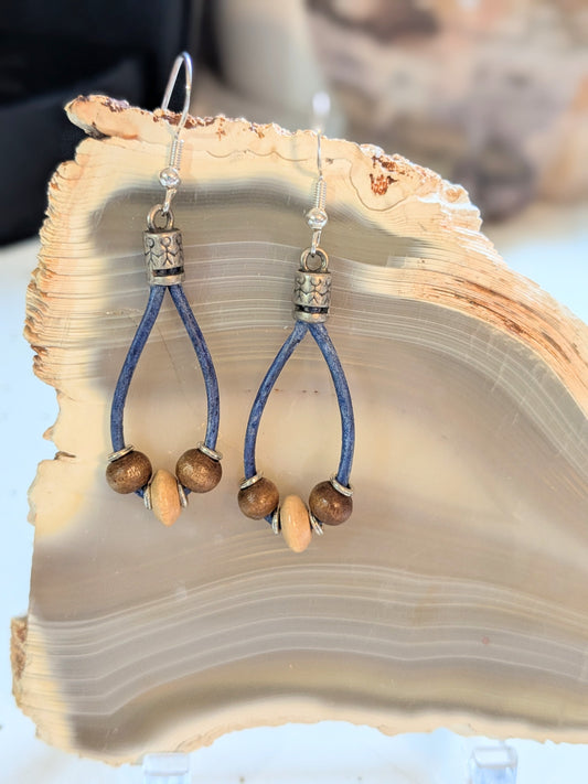 Wood Beads with Blue Leather Earrings