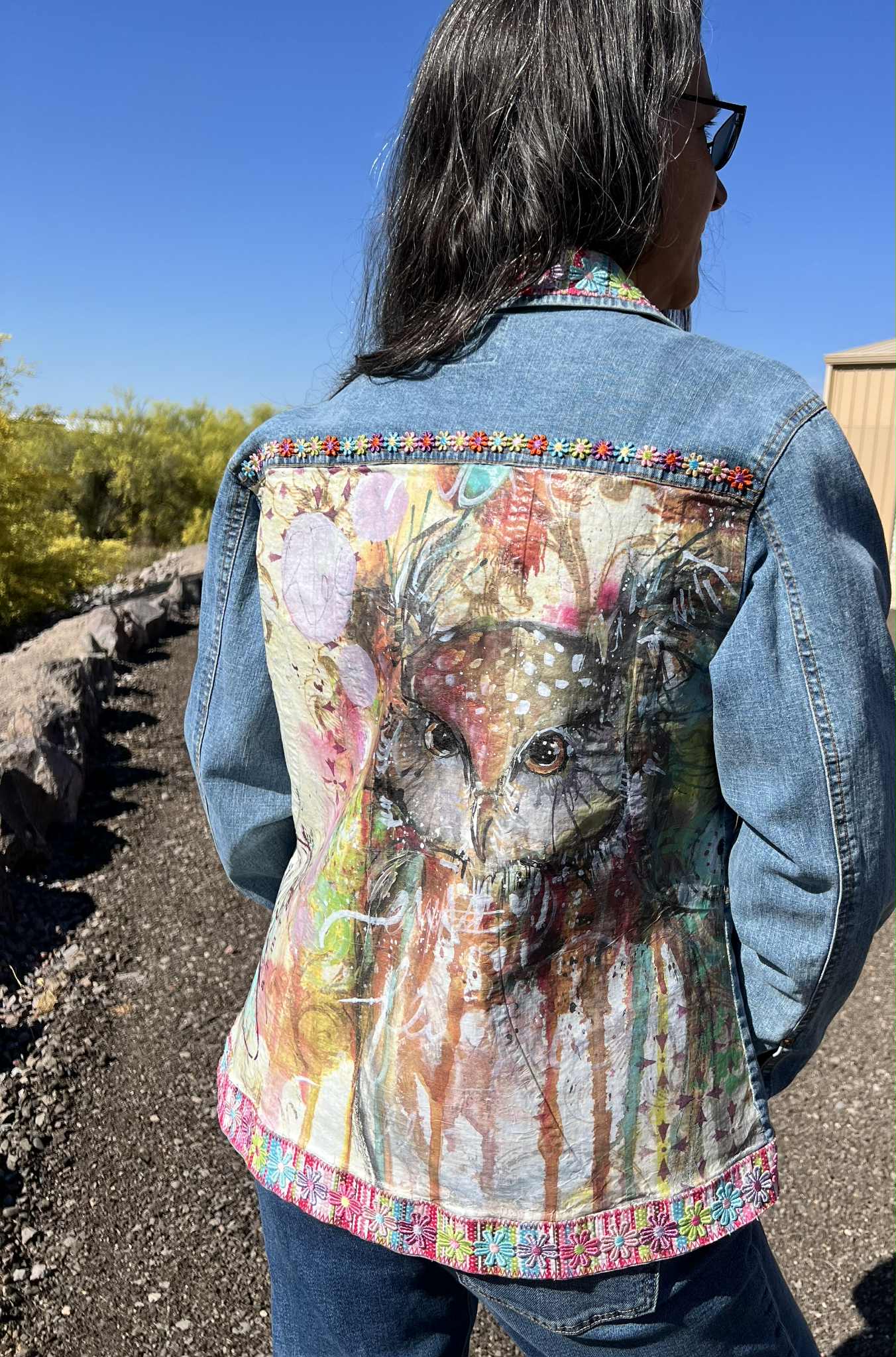 Springtime Owl One-of-a-Kind Upcycled Jean Jacket