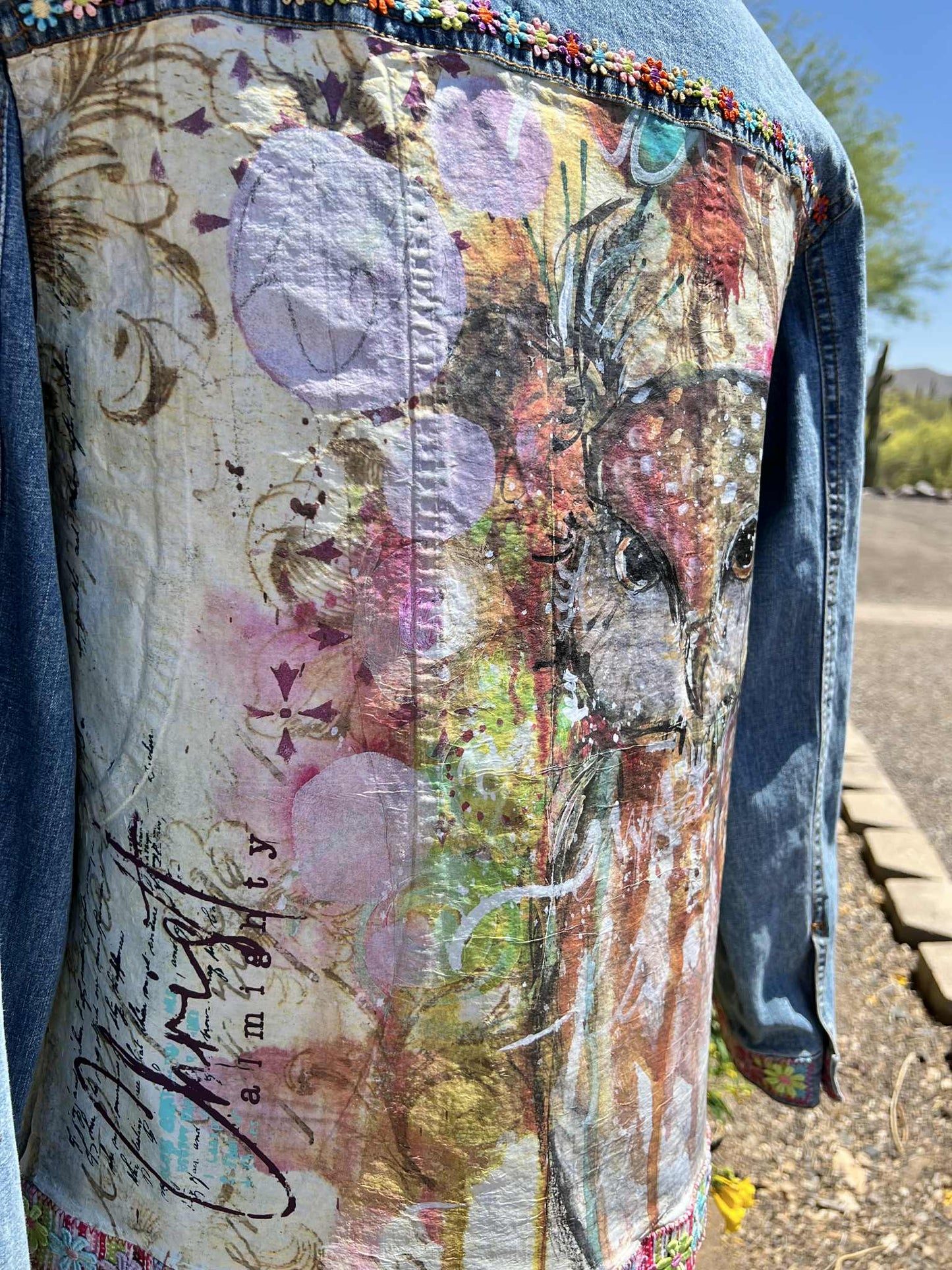 Springtime Owl One-of-a-Kind Upcycled Jean Jacket