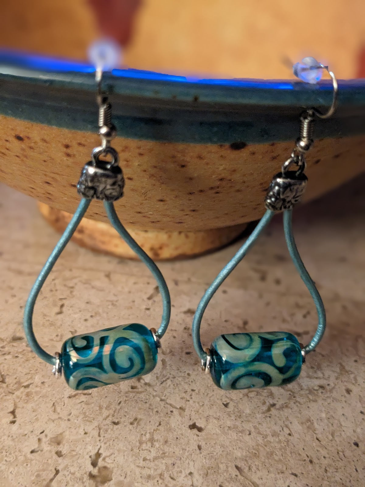 Earrings Handmade with Turquoise Lampwork Beads and Frosty Metallic Leather