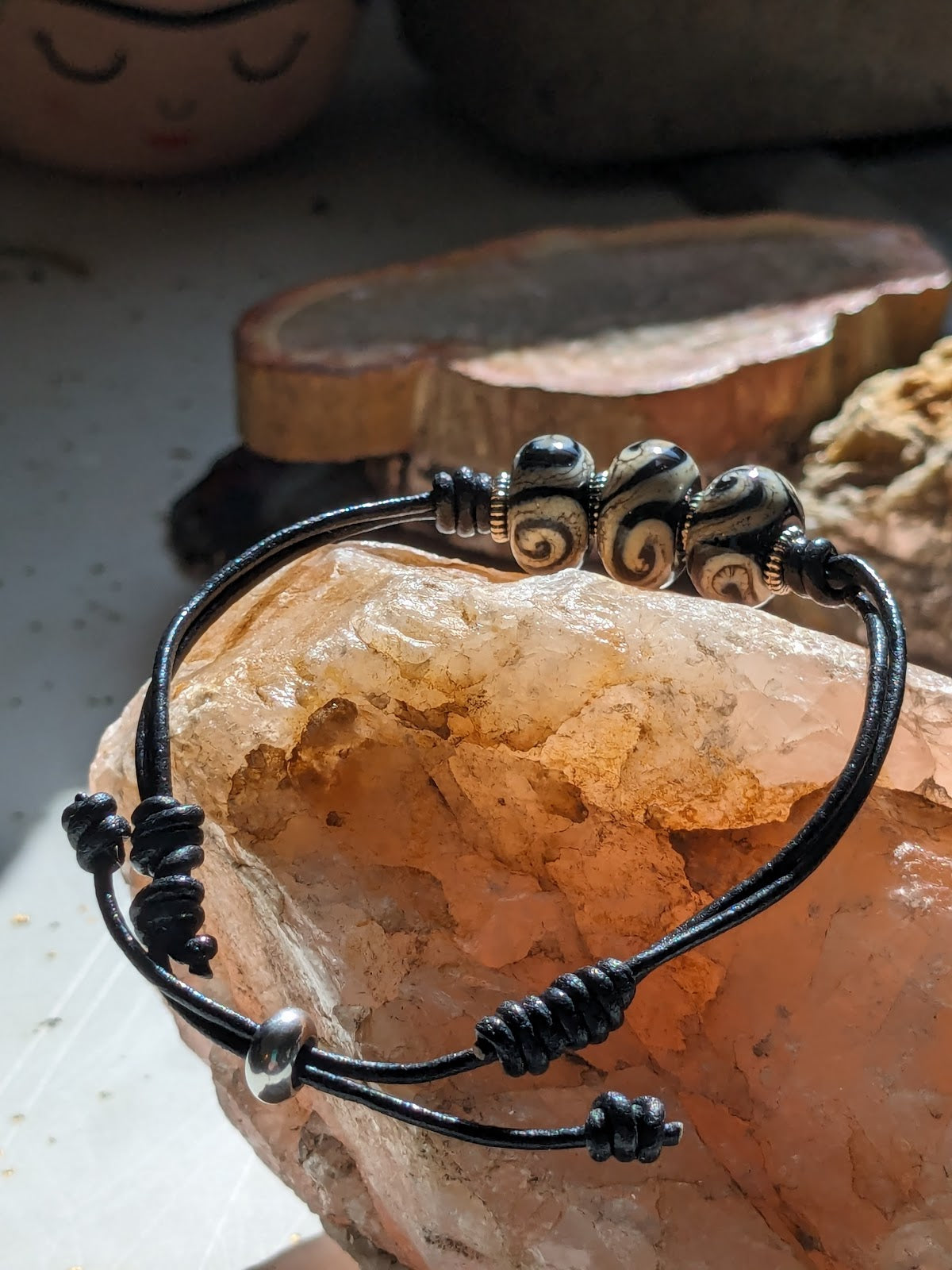 Simple Elegance Black and White Lampwork and Leather Bracelet