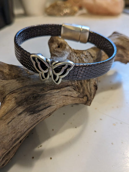 Black Textured Leather Bracelet with Antique Silver Clasp & Butterfly Slider