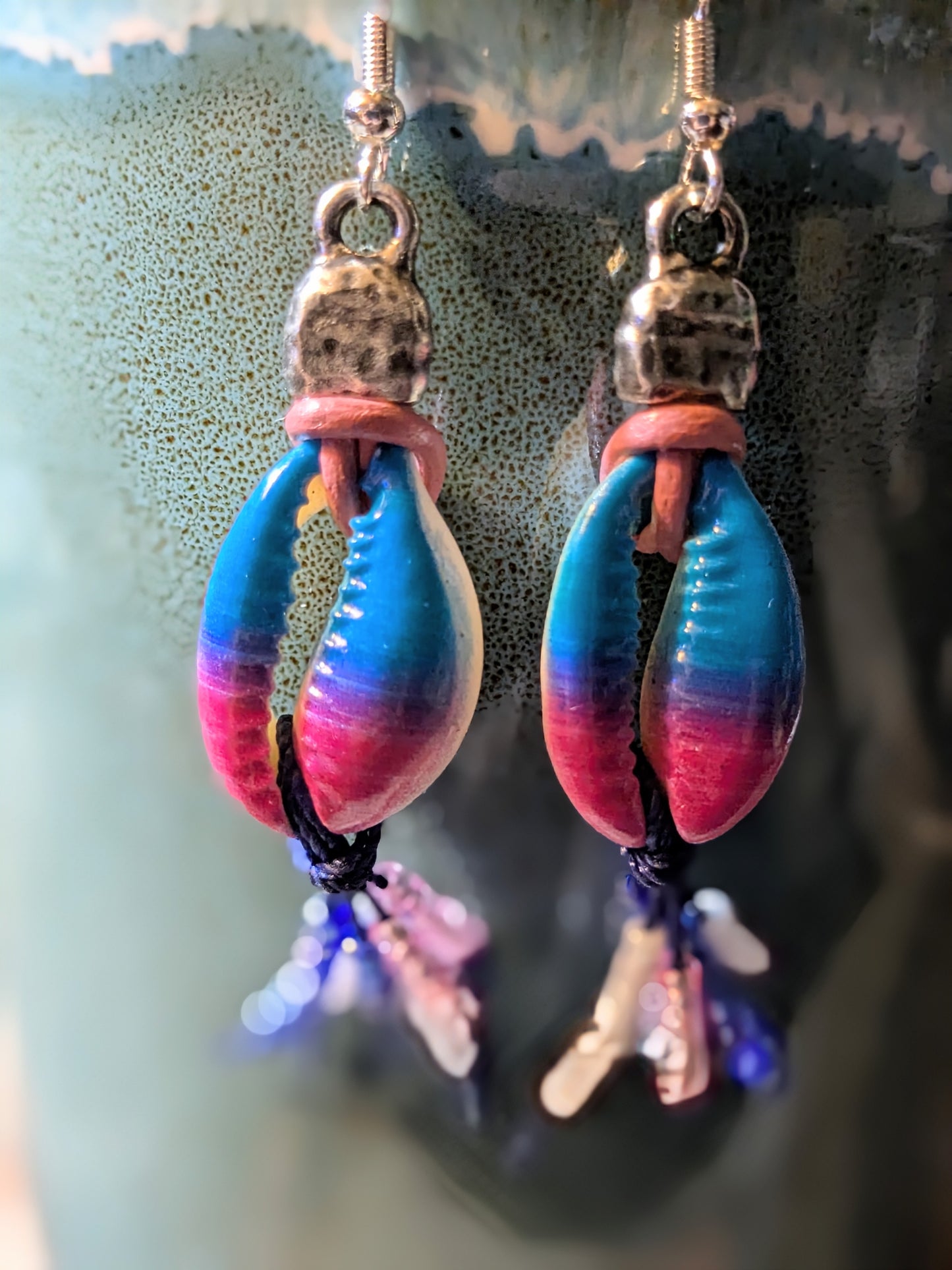 Blue and Fushia Cowrie Shell Earrings