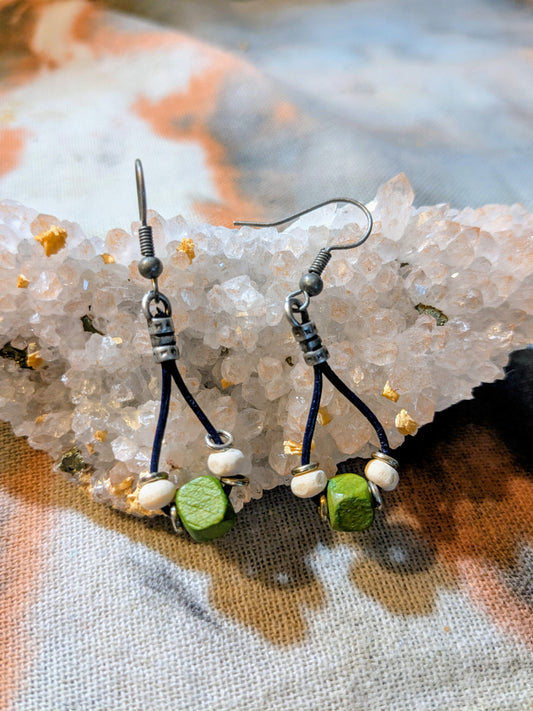 Black Leather With Green and Natural Wood Earrings