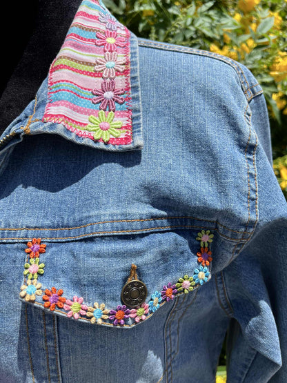 Springtime Owl One-of-a-Kind Upcycled Jean Jacket