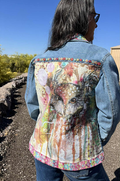 Springtime Owl One-of-a-Kind Upcycled Jean Jacket