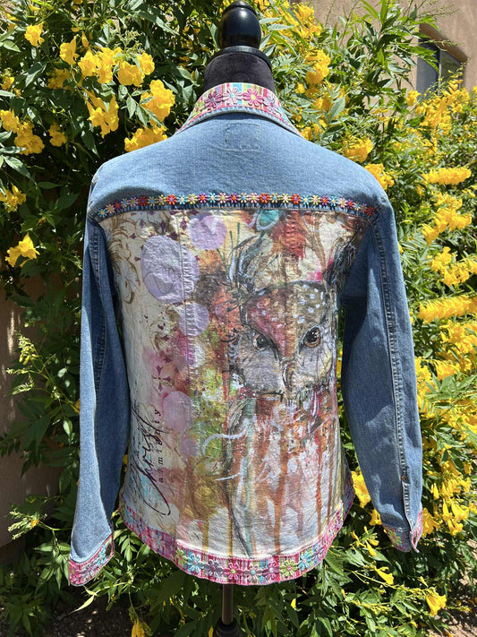 Springtime Owl One-of-a-Kind Upcycled Jean Jacket