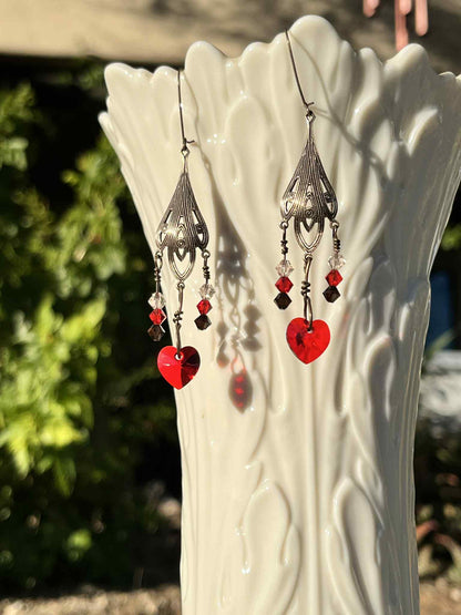 Red Swarovski Heart Chandelier Earrings