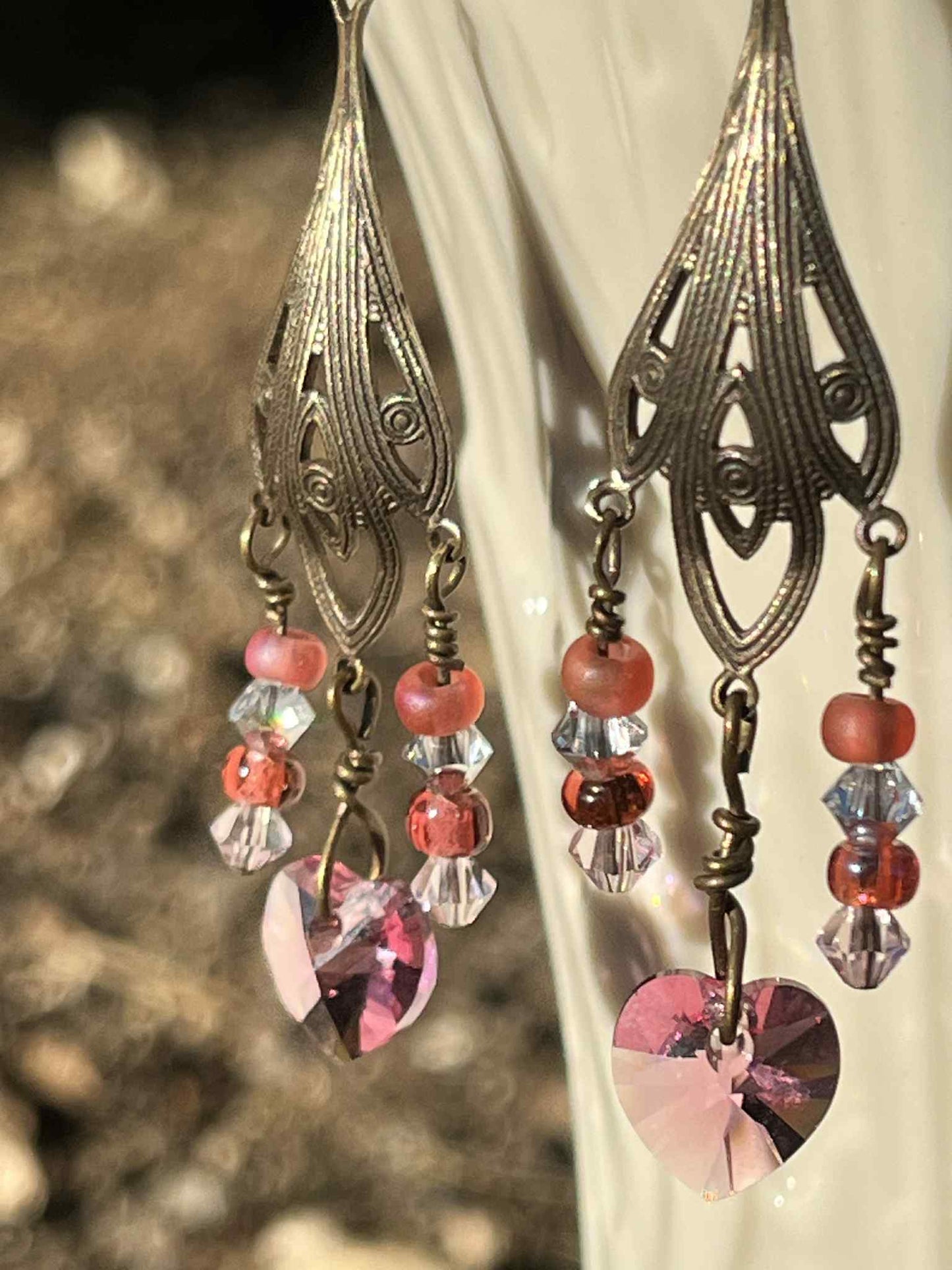 Pink Swarovski Heart Chandelier Earrings