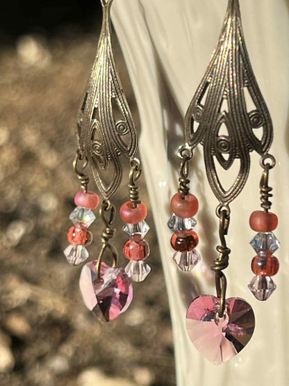 Pink Swarovski Heart Chandelier Earrings