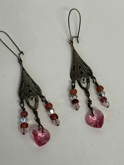 Pink Swarovski Heart Chandelier Earrings