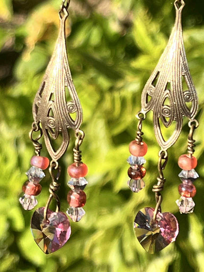 Pink Swarovski Heart Chandelier Earrings