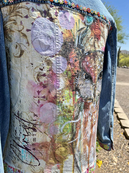 Springtime Owl One-of-a-Kind Upcycled Jean Jacket