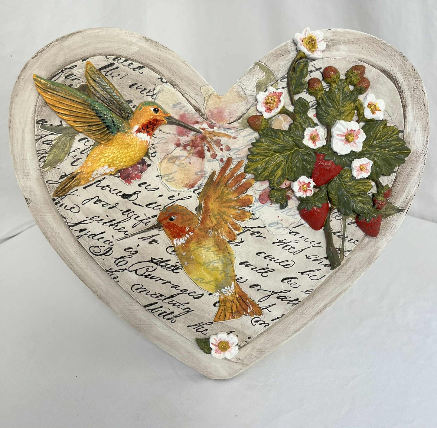 Hummingbirds & Strawberries Mixed Media Heart Art