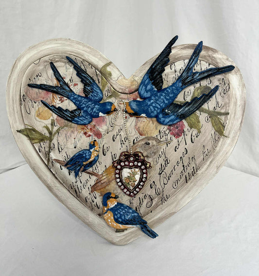 Bluebirds with Heart Chain - Mixed Media Heart Art