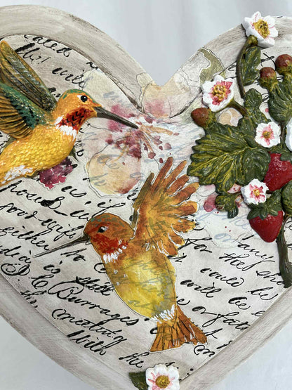 Hummingbirds & Strawberries Mixed Media Heart Art