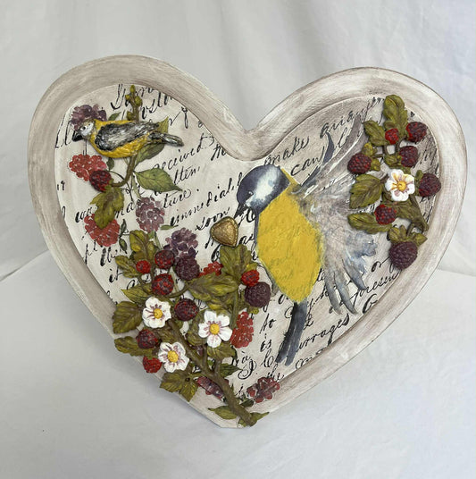 Yellow Finches & Berry Branches - Mixed Media Heart Art