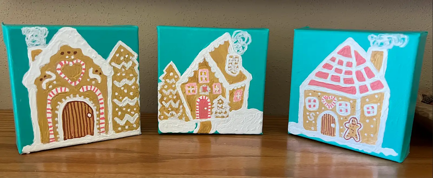 The Candy Cane Lane Collection - Original Christmas Acrylic Paintings:  The Sugarplum Tower, Peppermint Porch, Sweet Welcome